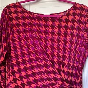 Anne Klein Burgundy/Fuchsia/Coral Houndstooth Long Sleeve Dress